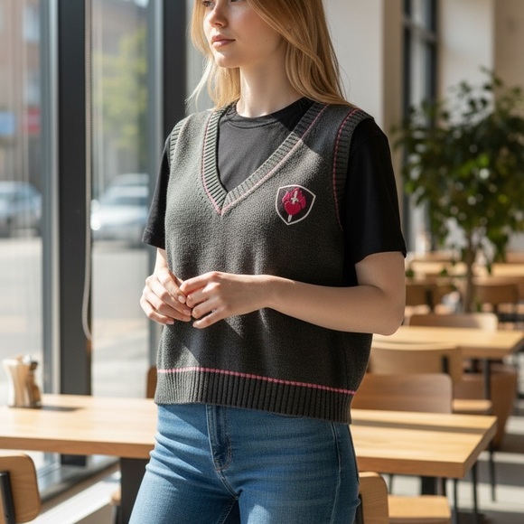 Dolls Kill Sweaters - CURRENT MOOD BLACK MAROON KNIT SWEATER VEST CREST DETAIL  XL NWT CATALYST CLUB